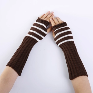 Striped knit fingerless arm warmers in dark brown and white for autumn and winter