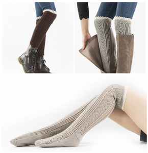 Knitted Hollow Mesh Leg Warmers For Women Lace Trim Crochet Boot Cuffs Winter Warm Over Knee Socks