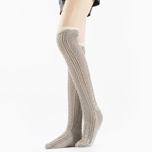 Vintage knit hollow-out over-knee leg warmers with delicate lace trim in oatmeal color