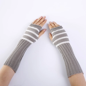 Striped grey and white knitted fingerless gloves for autumn and winter warmth