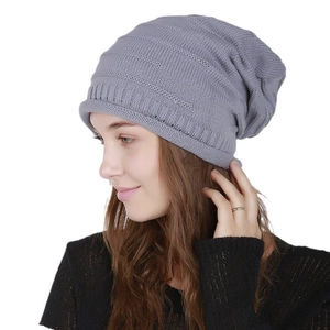 Gray slouchy knitted beanie with horizontal ribbed texture for men and women