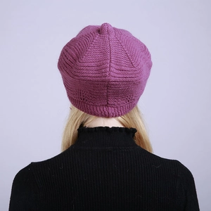 Women's purple cable knit beret cap with warm fleece lining and stylish visor