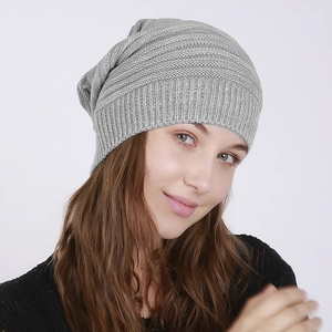 Grey ribbed knit beanie hat for men and women, stylish winter warm slouchy skull cap