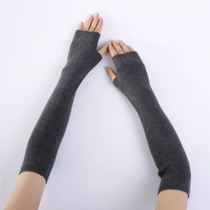 Detailed close-up of dark grey ribbed knit fingerless cashmere gloves with thumb hole