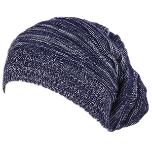 Blue and white mixed knit slouchy beanie hat for winter with ribbed texture