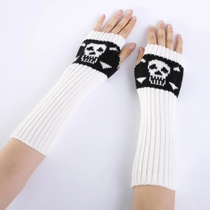 Knitted fingerless skull gloves with striped pattern for wrist and arm warmth