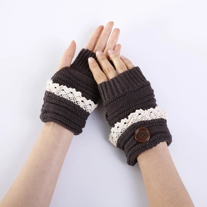 Winter knitted fingerless gloves in dark brown with white lace and button detail