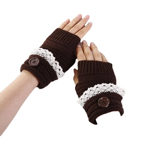 Coffee brown knitted fingerless gloves with white lace trim and decorative buttons