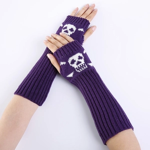 Purple knitted fingerless arm warmer gloves with white skull pattern for winter streetwear