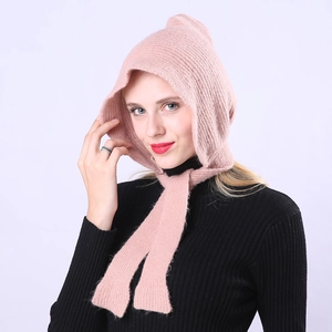 Women Vintage Knitted Ear Protection Bonnet Hat Warm Ribbed Acrylic Balaclava Style For Outdoor Winter Wear