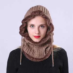 Detail view of the brown cable knit balaclava showing thick fleece lining and adjustable drawstring