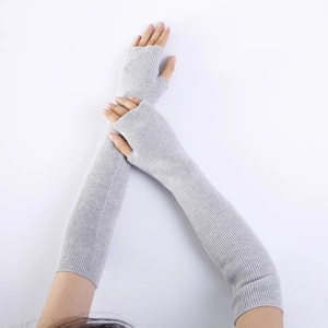 Detail of light grey ribbed knit long fingerless gloves with thumb hole for arm warmth
