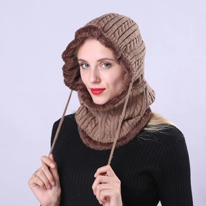 Detail of brown knitted hood scarf with thick plush lining and adjustable drawstrings