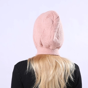 Back view of a soft pink knitted balaclava hood featuring warm wool ribbed textures