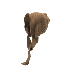 Close-up of a brown knitted hood scarf with long straps for winter warmth and comfort