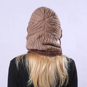 Rear view of brown cable-knit winter hat with integrated fleece-lined neck warmer