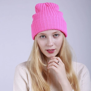 Neon pink ribbed knit beanie hat for winter, double layer warm skull cap for women