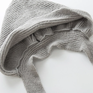 Grey wool blend knitted balaclava with long ties and soft ribbed edges for winter