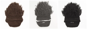 Detail of handmade crochet wig hats with detachable beard masks in various colors