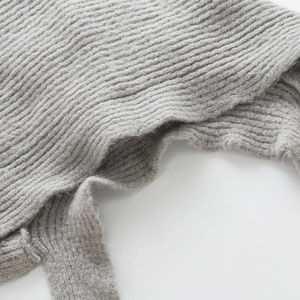 Detailed close-up of grey wool knit texture showing soft vertical ribbing and fuzzy yarn
