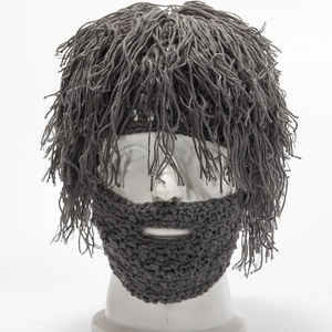 Handmade knitted grey beanie with beard mask and fringe hair for Halloween party