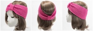 Drei-Ansichten-Anzeige eines rosaroten Grobstrick-Stirnbands mit Knoten-Design