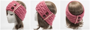 Detail view of pink knit headband featuring cable patterns and beige wavy edge accents