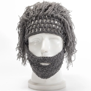 Handmade Crochet Funny Knit Beanie Hat With Detachable Beard Mask Wig Style Halloween Cosplay Warm Acrylic Adults Hat