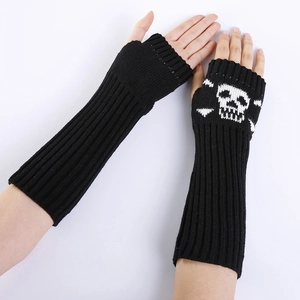 Long black fingerless knit gloves with skull pattern and vertical ribbed texture