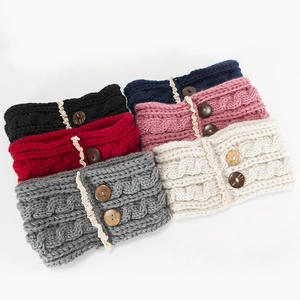 Cable knit headband set for women with lace trim and wooden buttons in six colors
