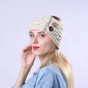 Detail showing cream white chunky knit headband with two vintage style decorative buttons