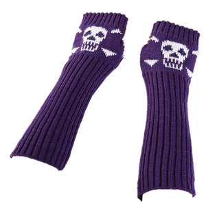 Purple knitted fingerless gloves with white skull and crossbones pattern for punk style