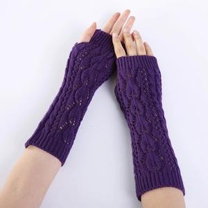 Purple knit long fingerless gloves with hollow leaf pattern and ribbed cuffs for women