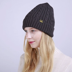 Winter cable knit beanie hat with cuffed label in dark grey thick warm wool material