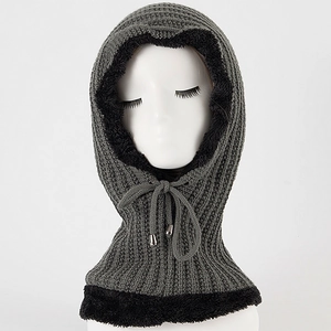 Close-up of dark grey knitted balaclava with warm black faux fur lining and adjustable drawstring