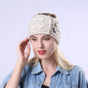 Close-up of cream cable knit headband featuring retro brown wooden buttons and wool texture