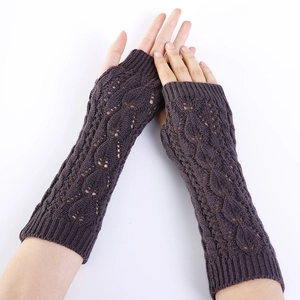 Long knit fingerless arm warmers with hollow leaf pattern in dark coffee brown