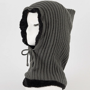 Detail of dark grey knit balaclava with cat ears and thick faux fur lining