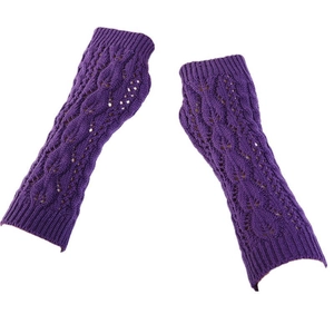 Purple knit arm warmers with hollow leaf pattern and thumb hole fingerless design
