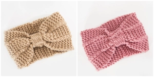 Detail of wide knitted headband showing the bow knot and thick texture in coffee and pink