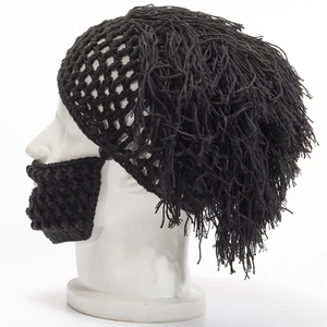Detail of handmade knit wig beanie and detachable beard mask in black yarn material