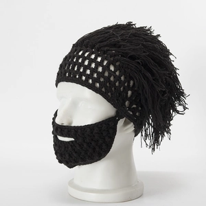 Detailed view of handmade knitted black wig hat and beard costume accessory
