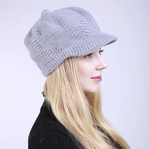 Close-up of light grey knitted peak beret hat showing thick wave texture and soft wool