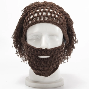 Detail of handmade crochet knit beanie with beard, funny Halloween costume wig hat