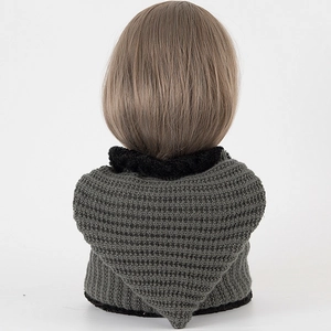 Detail of the knit texture and faux fur collar on this grey doll hoodie with pointed hem