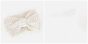 Macro detail of creamy white knitted headband showing soft chunky yarn texture