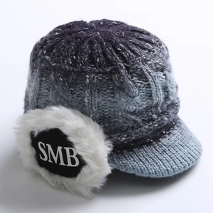 Winter cable knit earflap hat with visor and gradient grey blue finish featuring SMB logo