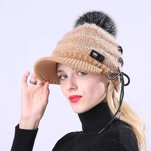 Damen Winter Strick Schirmmütze Beanie Mit Kunstpelz Pompon Warm Fleece Gefüttert Häkeln Schirmmütze Für Outdoor Alltag