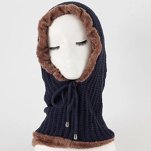 Close-up of knitted balaclava with brown fleece lining and adjustable drawstrings
