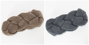 Detailed knit texture of dark brown and grey chunky cable knit headbands for winter